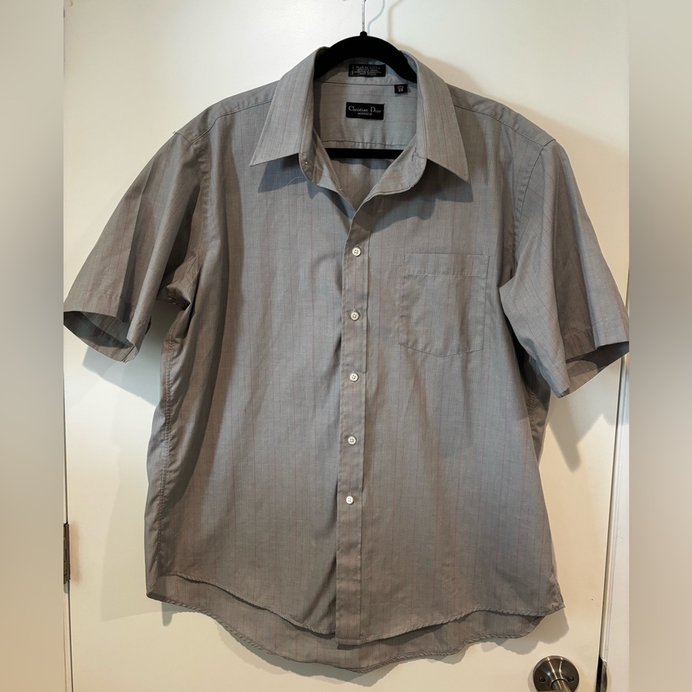 Vintage 90s Christian Dior Monsieur Size 17 1/2  Short Sleeve Grey w/ Pink